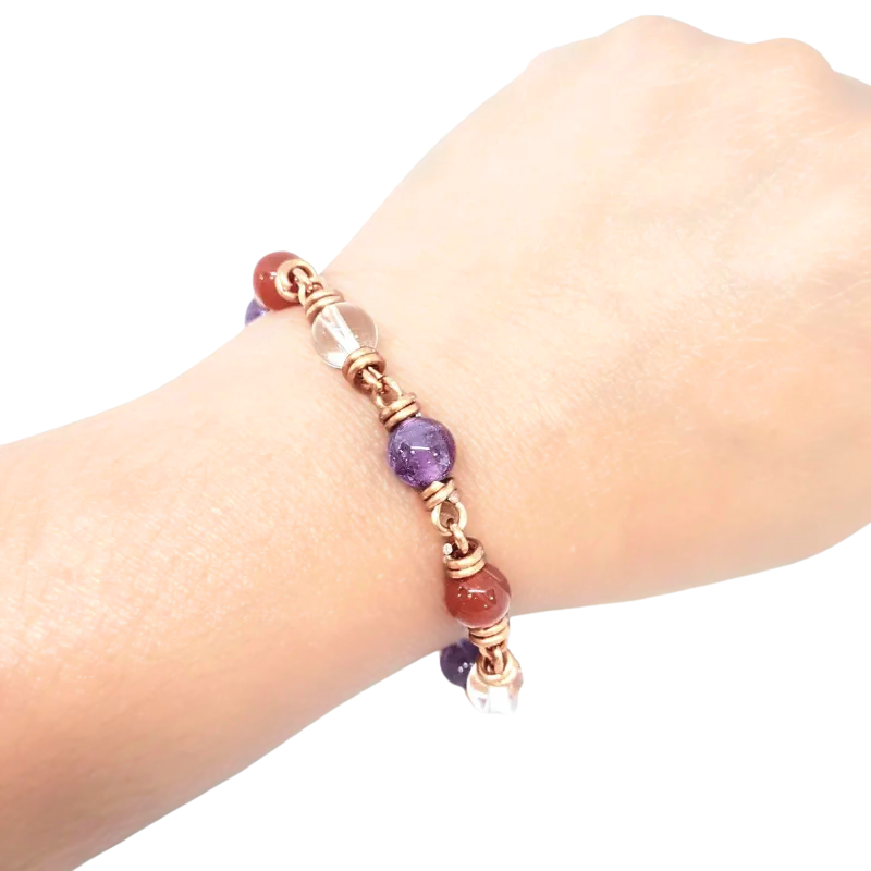 Wellness Crystal Copper Bracelet: Amethyst, Carnelian & Clear Quartz