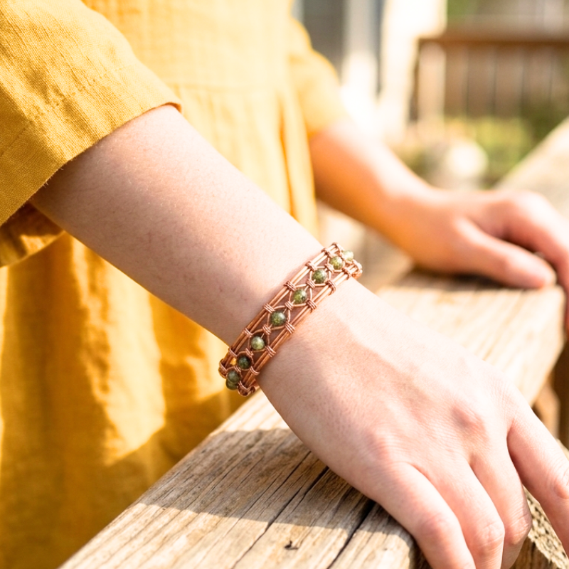Weave Delight Copper Bangle featuring Gemstone
