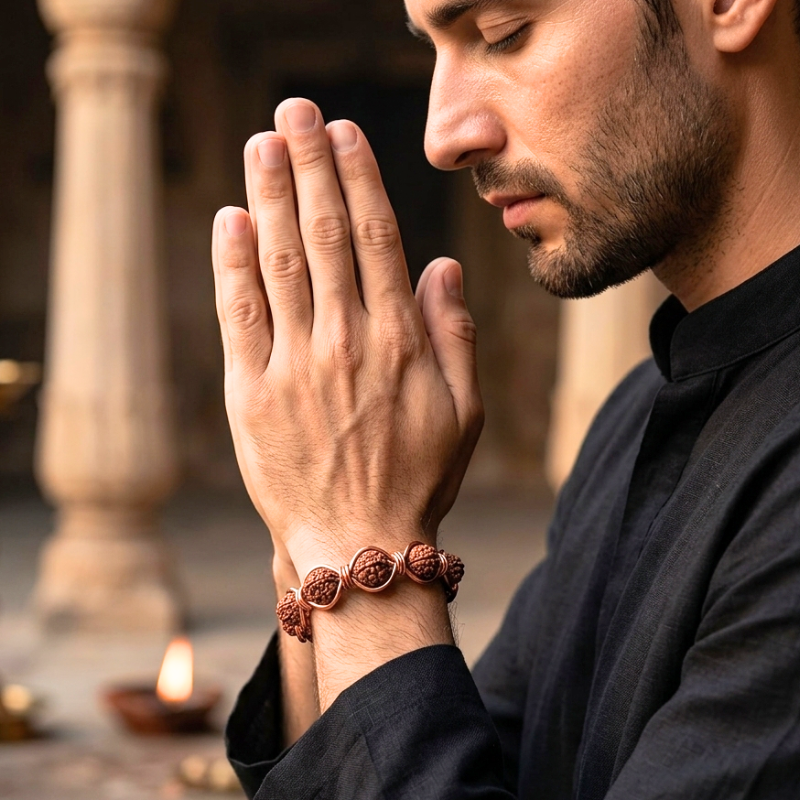 Radiant Twist Copper Bangle featuring Rudraksha - 5 Mukhi