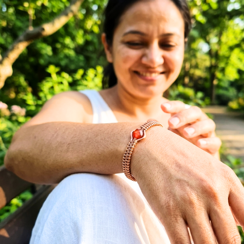 Barrel Cut Carnelian Copper Cuff Bracelet - Copper Healing Jewelry