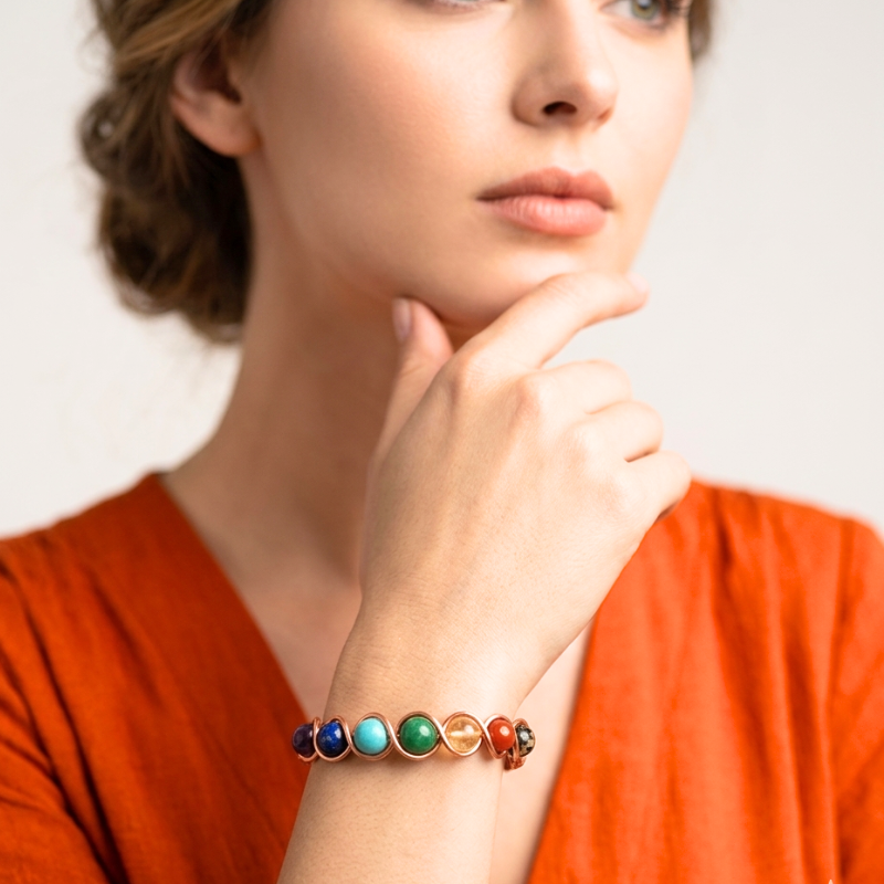 Seven Chakra Multi Gemstone Copper Bangle - Best Seller - Unisex Reiki Healing Crystal Bangle