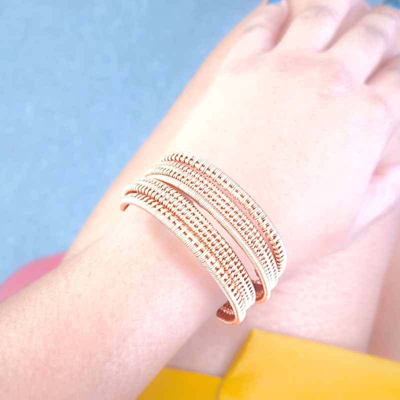 Artisan Wire Wrapped Copper Cuff Bangle - 5 Tier Layered Bangle