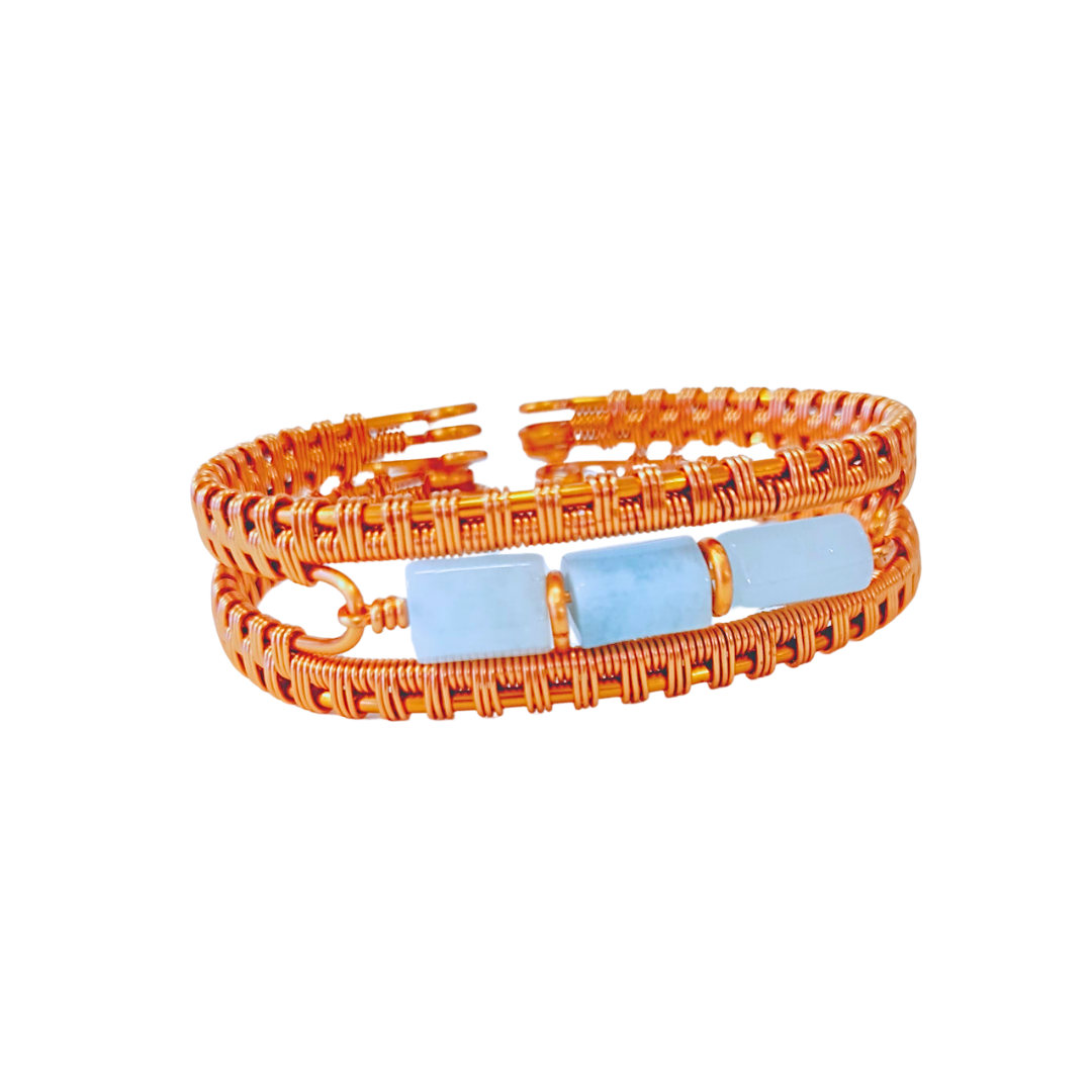 Natural Aquamarine Copper Bangle - Barrel Cut Crystal