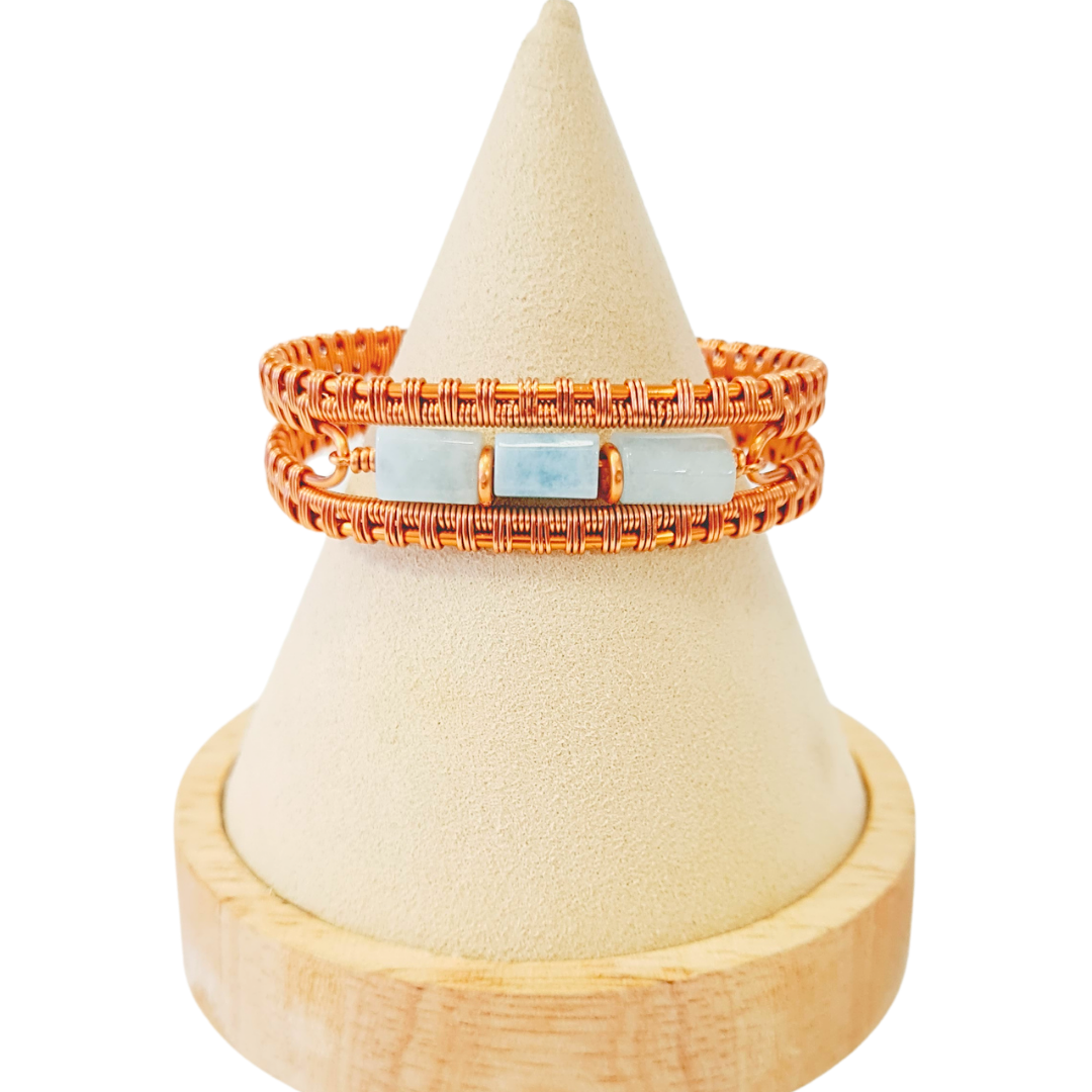 Natural Aquamarine Copper Bangle - Barrel Cut Crystal