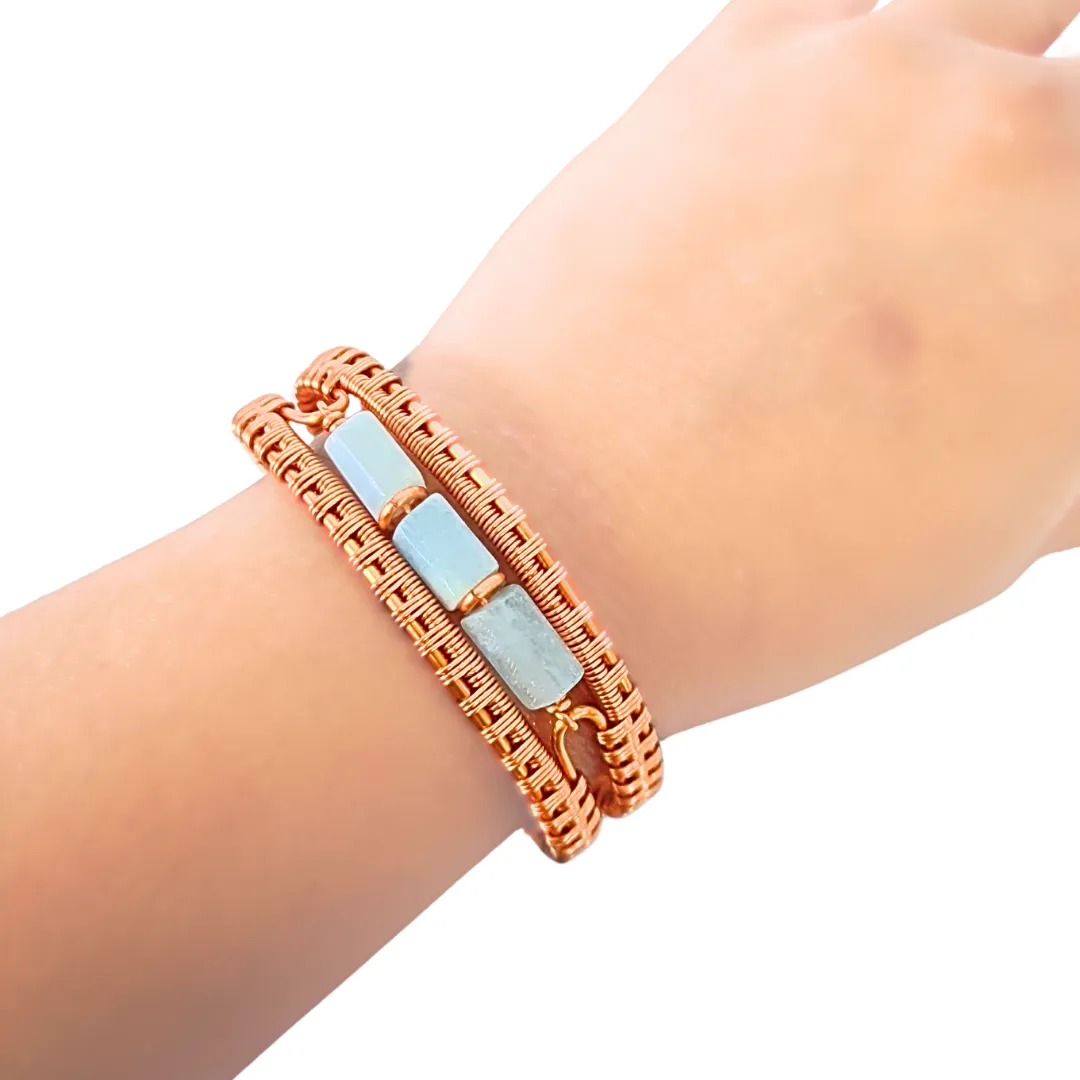 Natural Aquamarine Copper Bangle - Barrel Cut Crystal