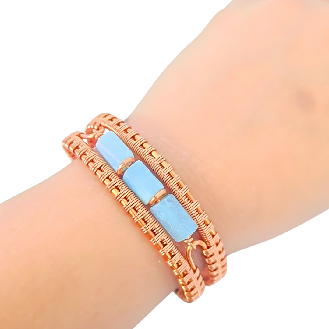 Natural Aquamarine Copper Bangle - Barrel Cut Crystal