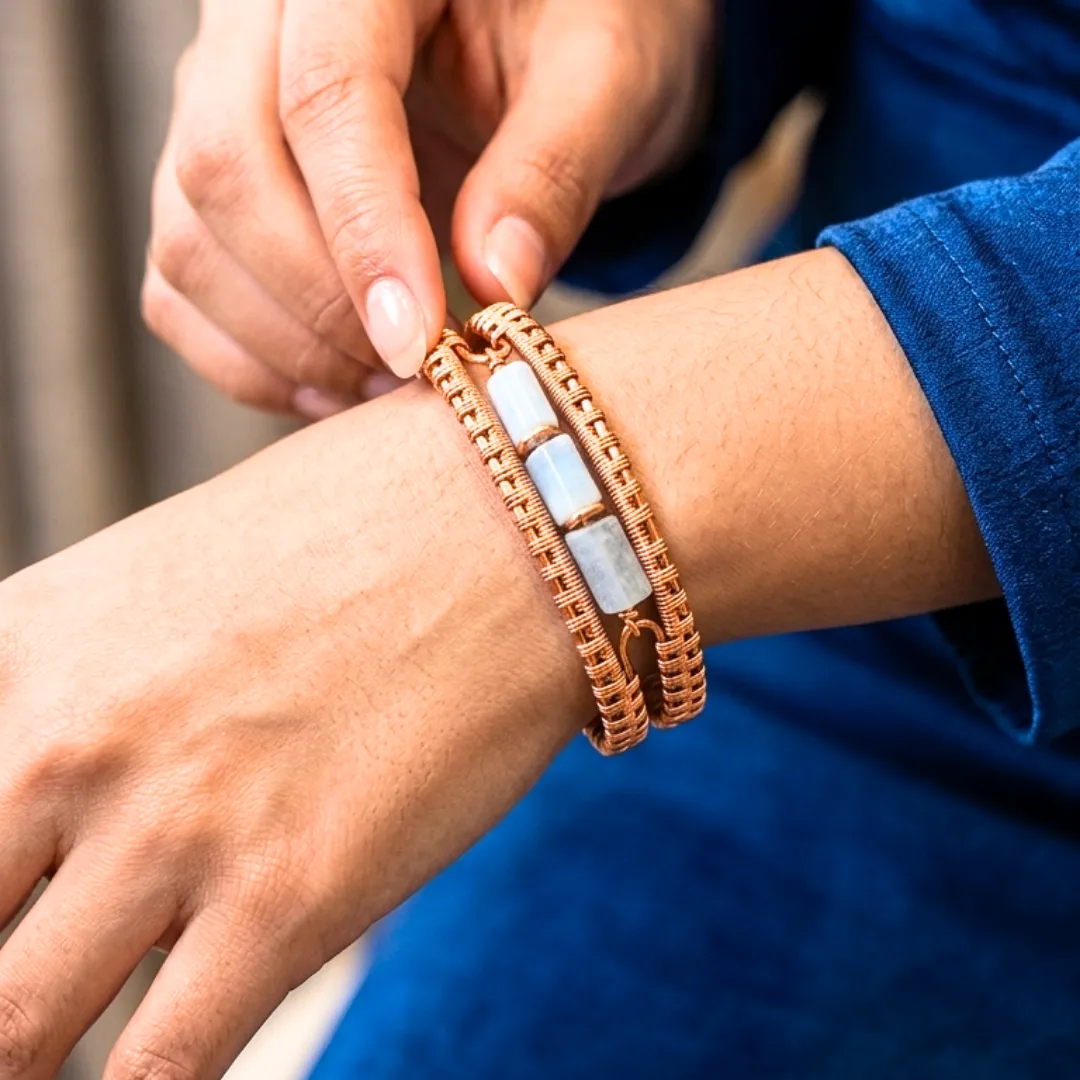 Natural Aquamarine Copper Bangle - Barrel Cut Crystal