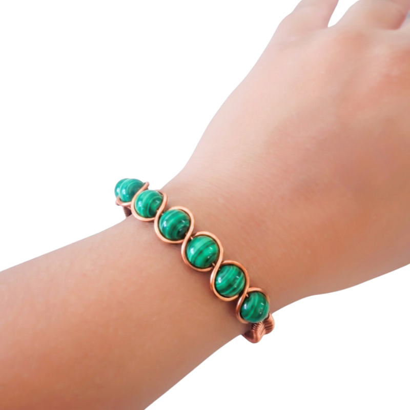 Artisan Hand-Wrapped Copper Bangle featuring Malachite