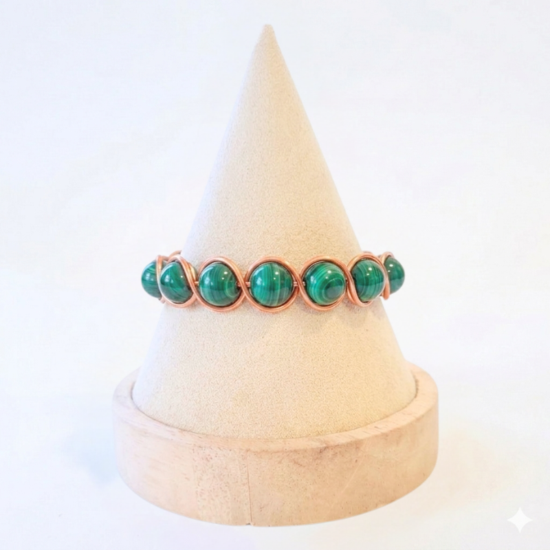 Artisan Hand-Wrapped Copper Bangle featuring Malachite