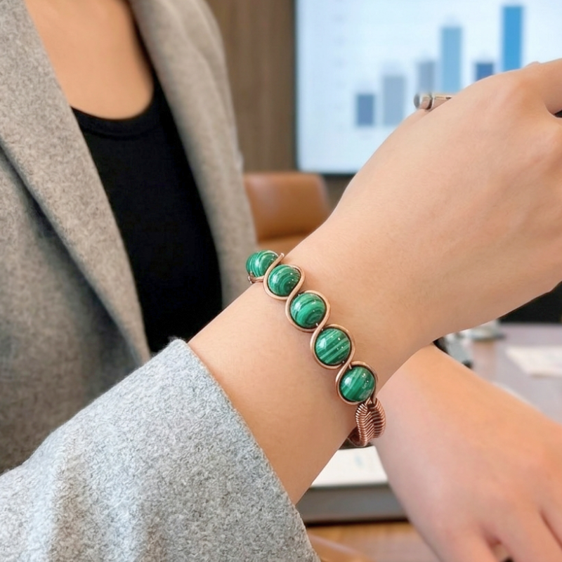 Artisan Hand-Wrapped Copper Bangle featuring Malachite