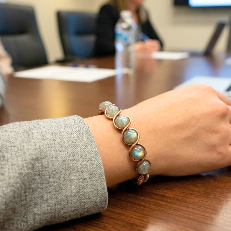 Artisan Hand-Wrapped Copper Bangle featuring Labradorite