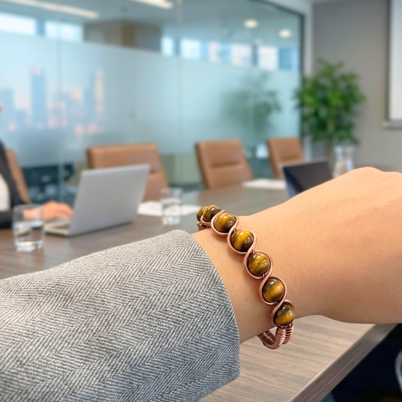 Artisan Hand-Wrapped Copper Bangle featuring Tiger Eye