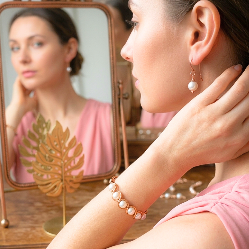 Freshwater Pearls 2 pieces Gift Set - Copper Bangle and Copper Earrings featuring Freshwater Pearls