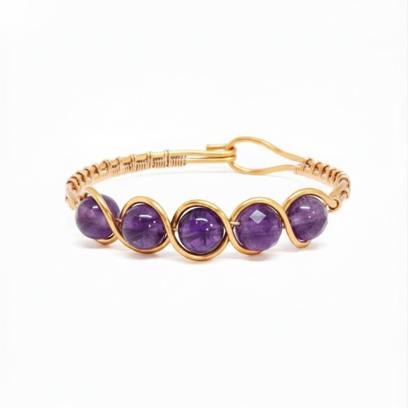 Artisan Hand-Wrapped Copper Bangle featuring Amethyst