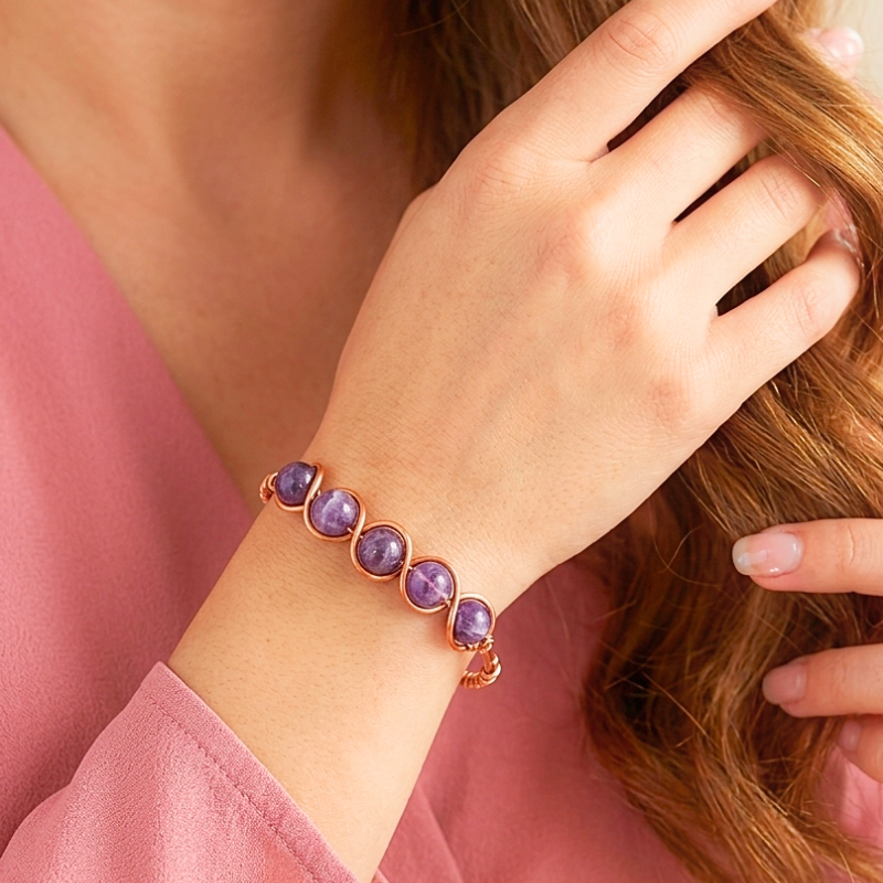 Artisan Hand-Wrapped Copper Bangle featuring Amethyst