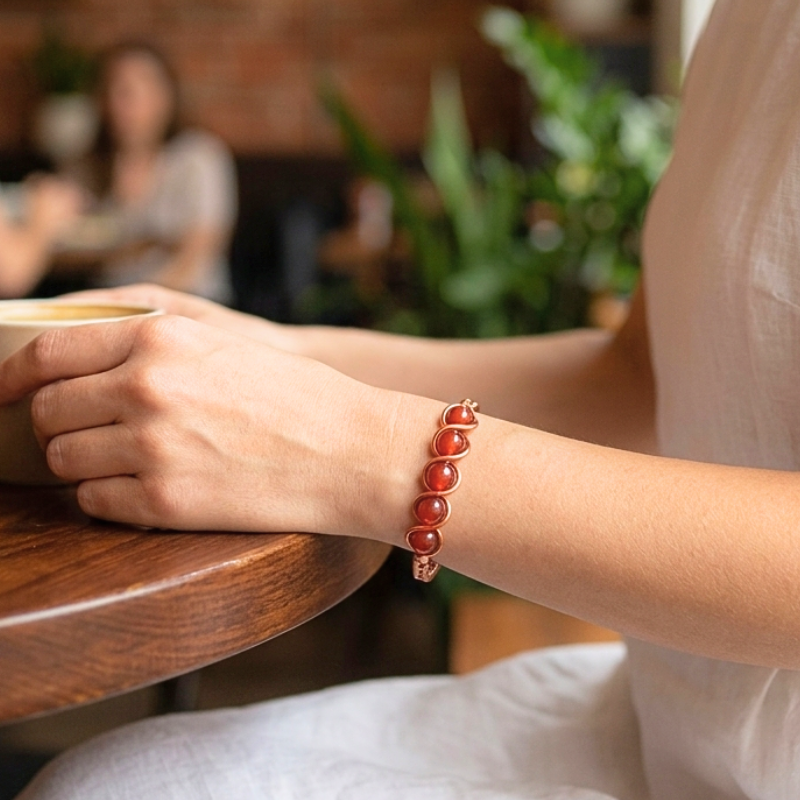 Artisan Hand-Wrapped Copper Bangle featuring Carnelian