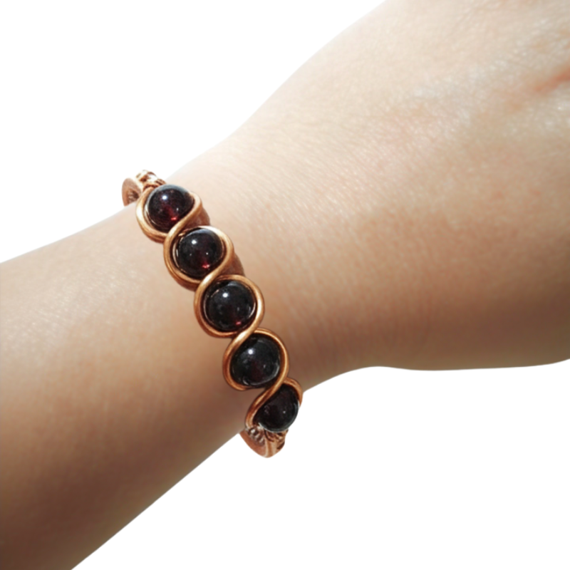 Artisan Hand-Wrapped Copper Bangle featuring Garnet