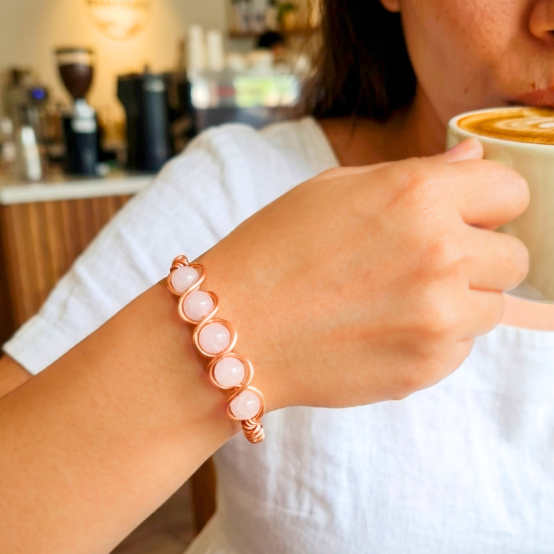 Artisan Hand-Wrapped Copper Bangle featuring Rose Quartz