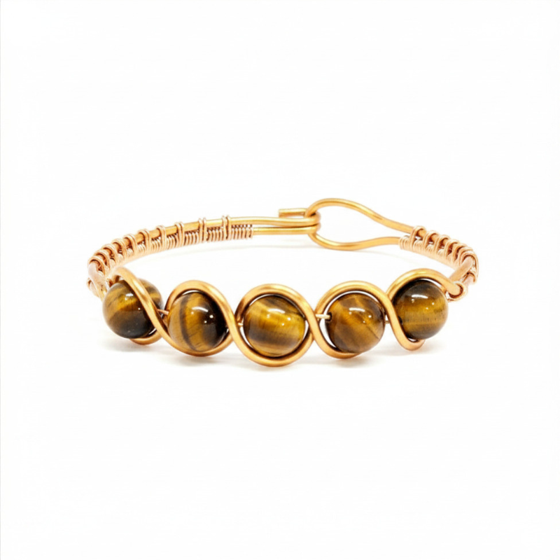 Artisan Hand-Wrapped Copper Bangle featuring Tiger Eye