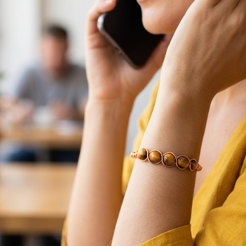Artisan Hand-Wrapped Copper Bangle featuring Tiger Eye