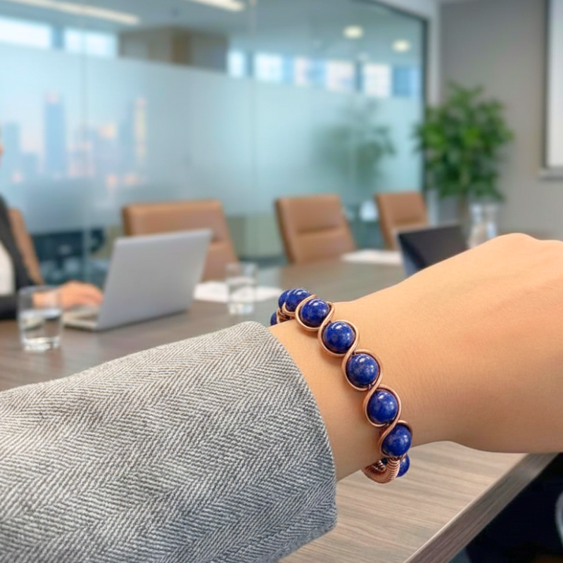 Artisan Hand-Wrapped Copper Bangle featuring Lapis Lazuli