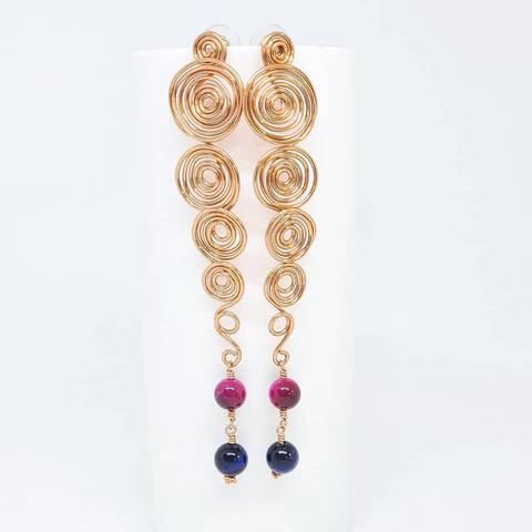 Blue & Pink Tiger Eye Long Swirl Earrings