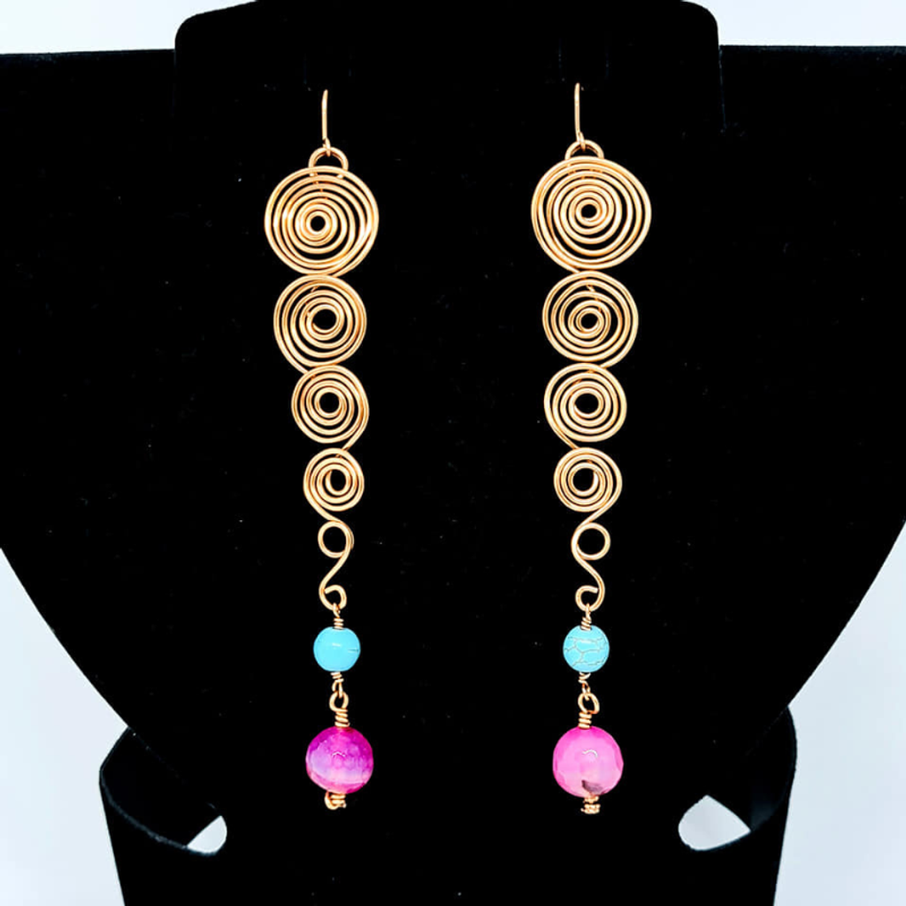 Pink Agate & Turquoise Long Swirl Earrings