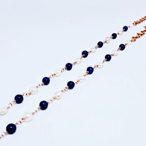 Copper Anklet featuring Lapis Lazuli and Freshwater Pearl