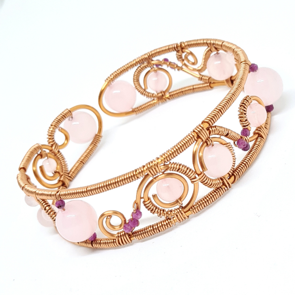 Rose Quartz and Rubies Copper Bangle