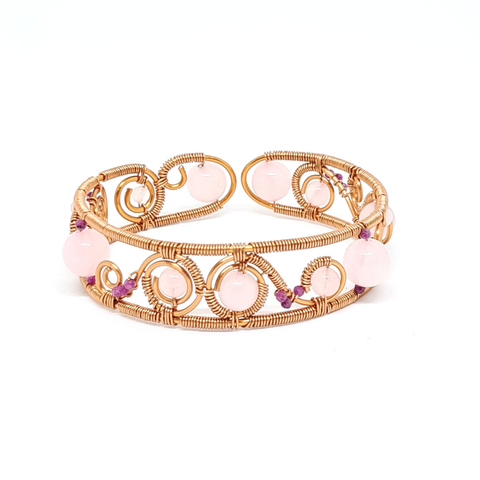 Rose Quartz and Rubies Copper Bangle