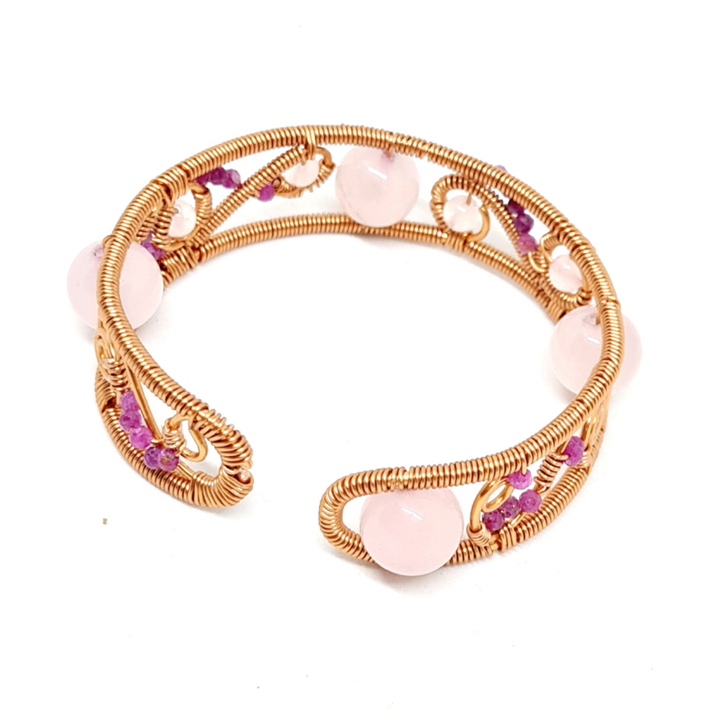 Rose Quartz and Rubies Copper Bangle