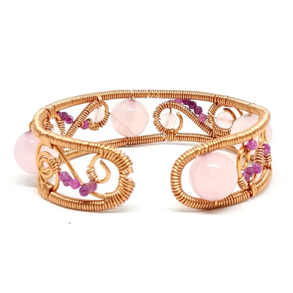 Rose Quartz and Rubies Copper Bangle