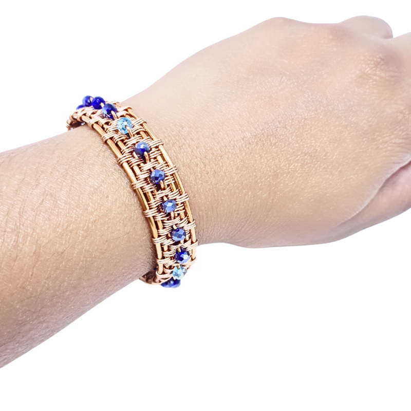 Blue Crystal - Wire Wrapped Cuff Bangle