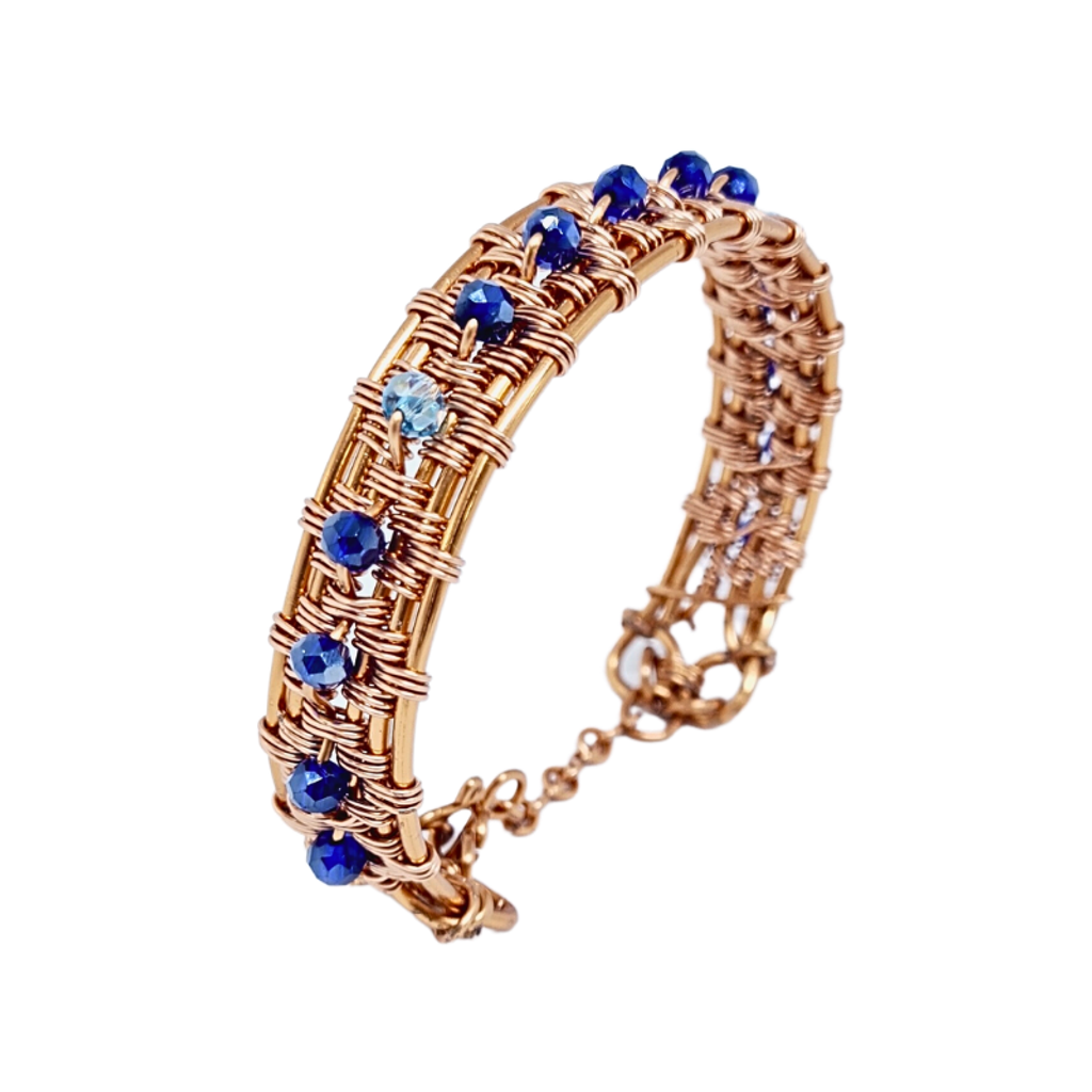 Blue Crystal - Wire Wrapped Cuff Bangle