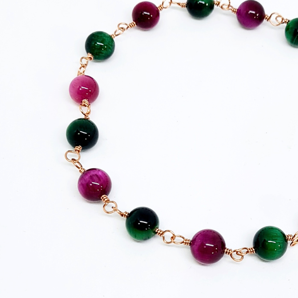 Pink & Green Tiger Eye Copper Bracelet