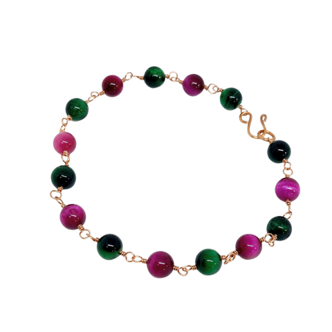Copper Anklet featuring Green & Pink Tiger Eye