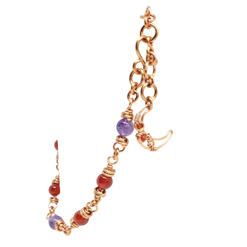 Amethyts & Red Agate Anklet with Copper Rings and Moon Charm