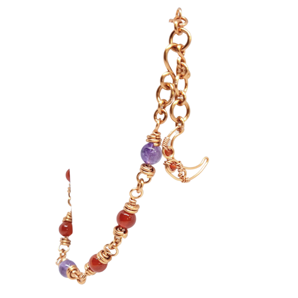 Amethyts & Red Agate Anklet with Copper Rings and Moon Charm