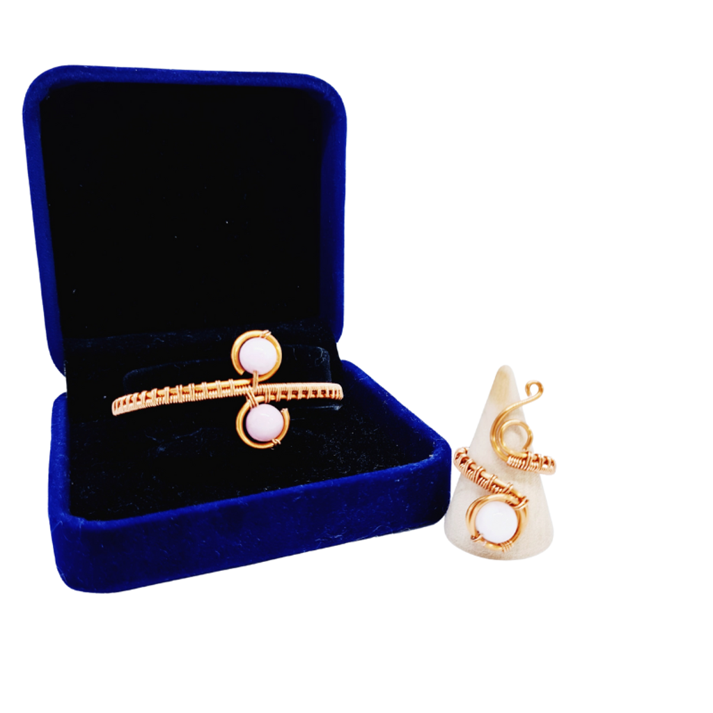 Copper Bangle and Statement Ring featuring Rose Quartz