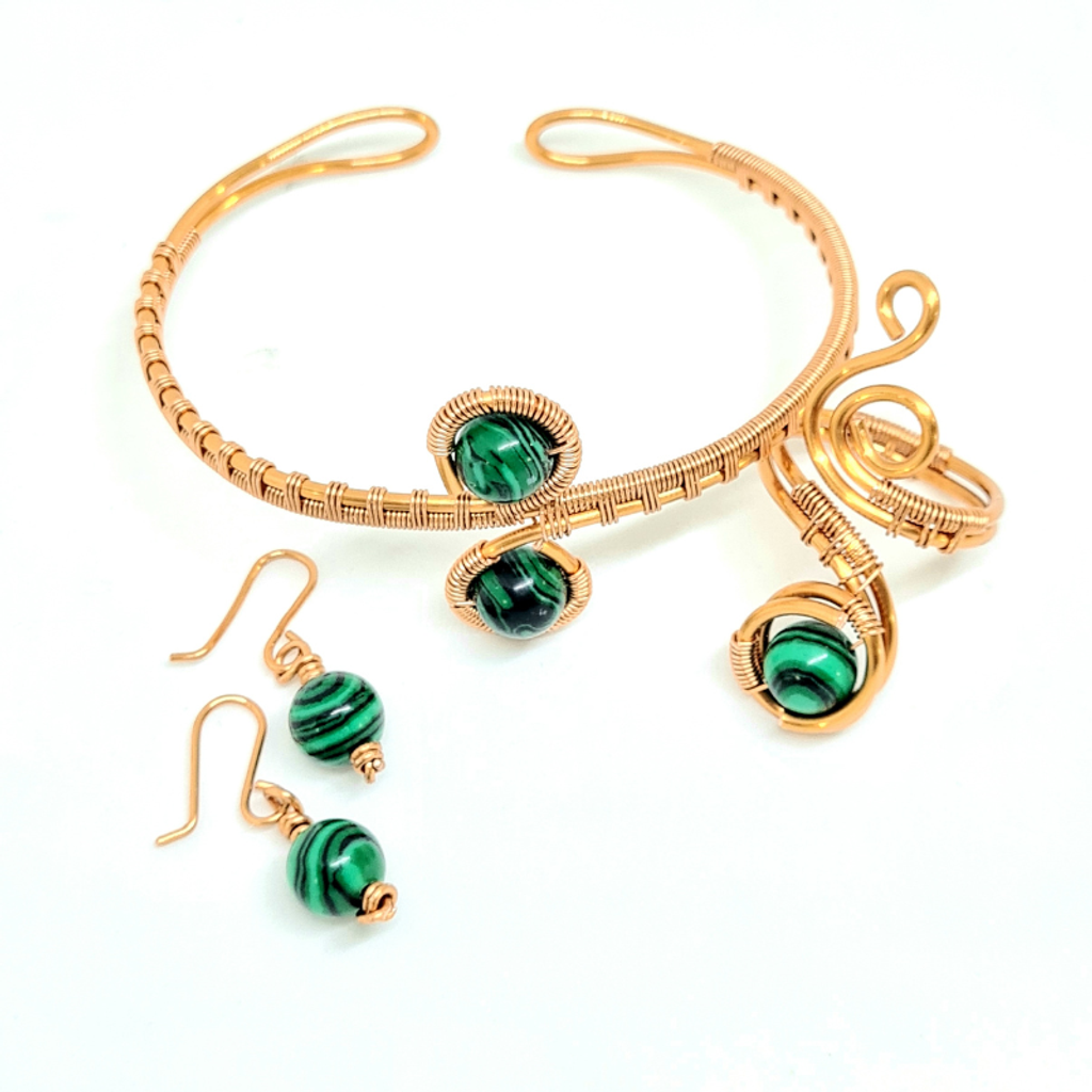 Copper Bangle and Statement Ring featuring Malachite