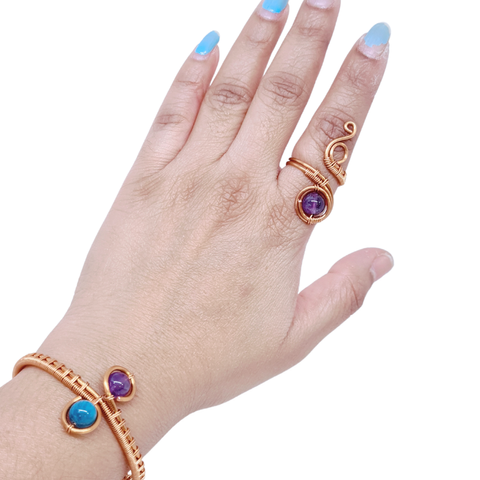 Copper Bangle and Statement Ring featuring Amethyst & Blue Apatite