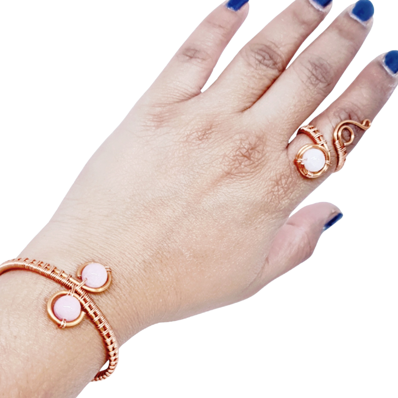 Copper Bangle and Statement Ring featuring Rose Quartz