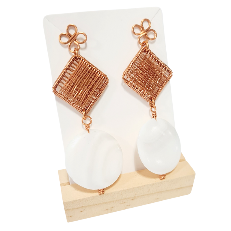 Dangle Copper Earrings featuring Flat White Pearl