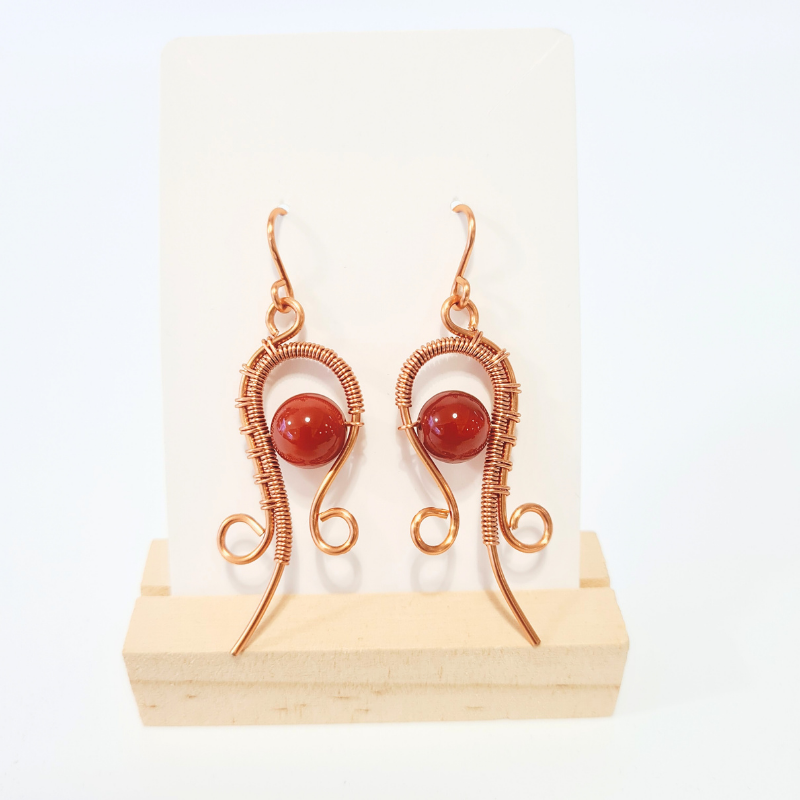 Ocean Waves Copper Earrings with Red Agate