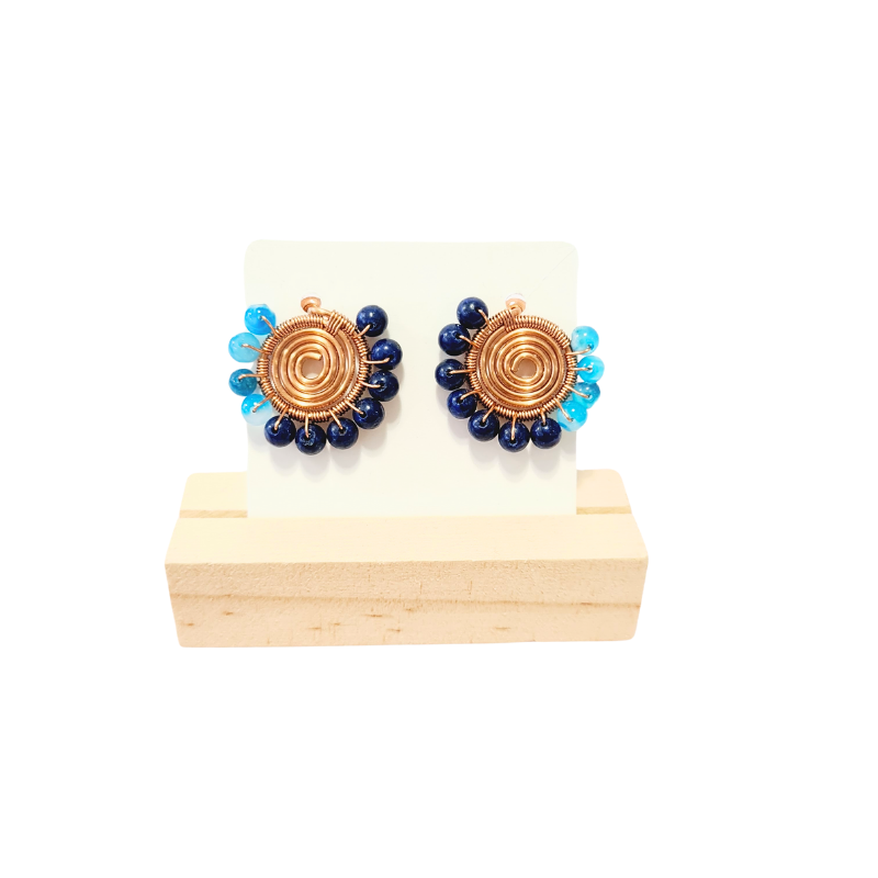 Sunflower Copper Earrings with Lapis Lazuli & Blue Apatite