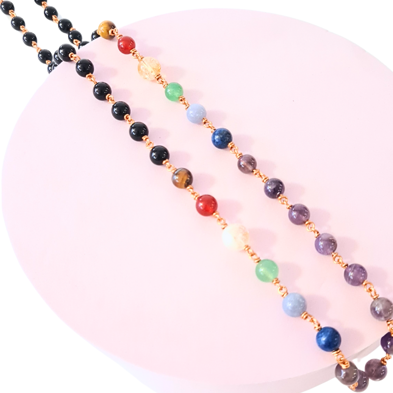 Seven 7 Chakra Gemstone & Black Onyx Necklace with Copper Link Chain