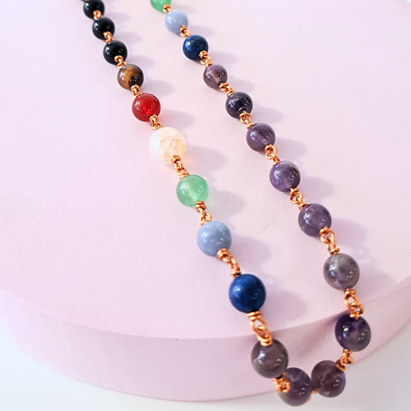 Seven 7 Chakra Gemstone & Black Onyx Necklace with Copper Link Chain