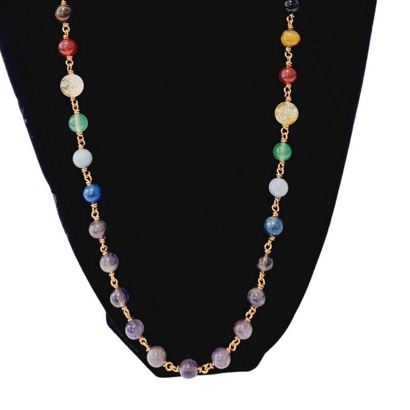 Seven 7 Chakra Gemstone & Black Onyx Necklace with Copper Link Chain