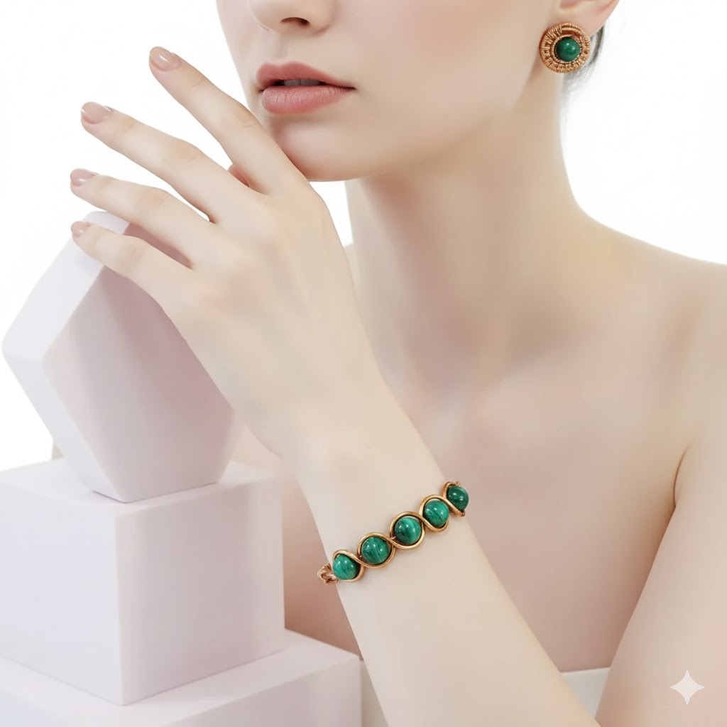 Malachite Dream Colletion - Copper Bangle and Earrings Gift Set