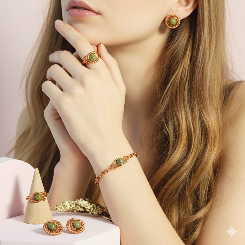 Jade Serenity Gift Set - Copper Bracelet, Ring and Earrings Set